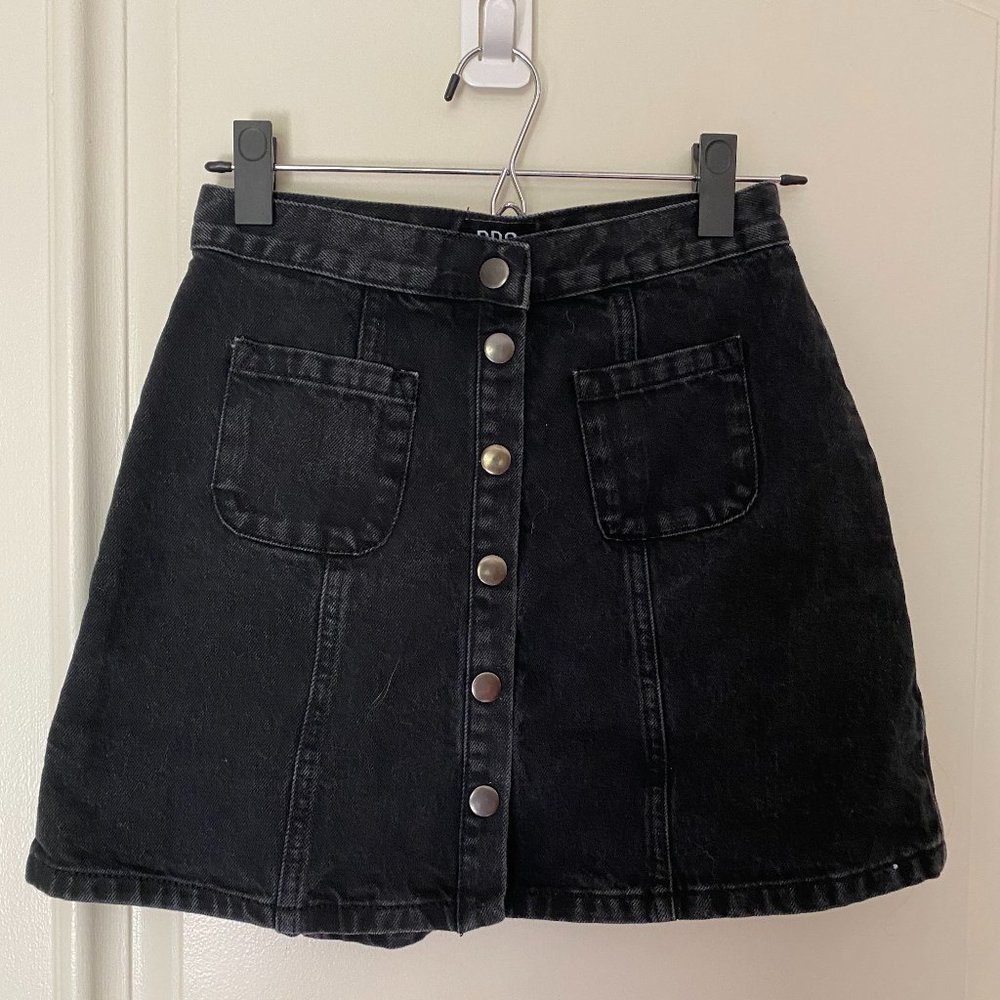 Black denim button up circle skirt